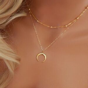 Gold Necklace Jewelry Layer Choker Crescent Horn Moon Dainty Minimalist Boho NEW